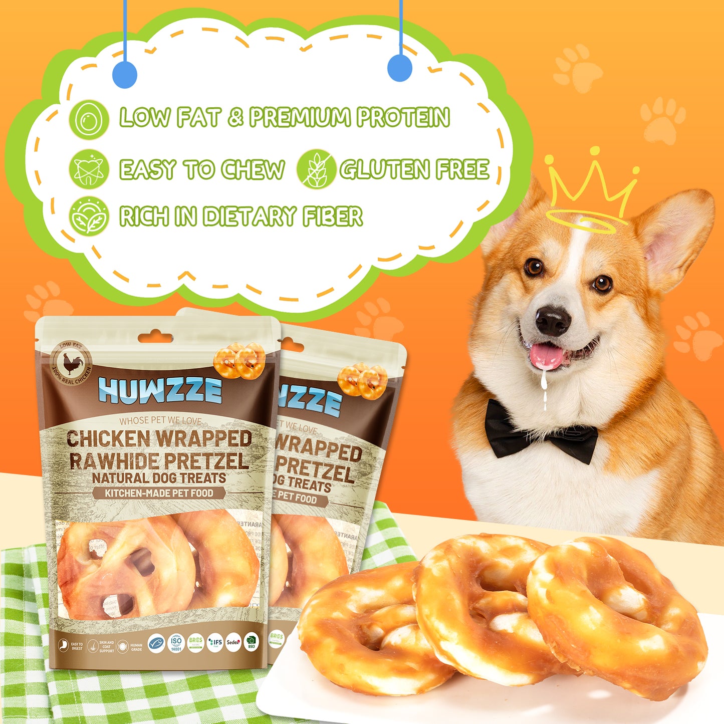 HUWZZE Chicken Wrapped Rawhide Pretzel for Dogs, Long Lasting Dog Treats Chewy Snacks for Medium Large Dogs 8.8 oz