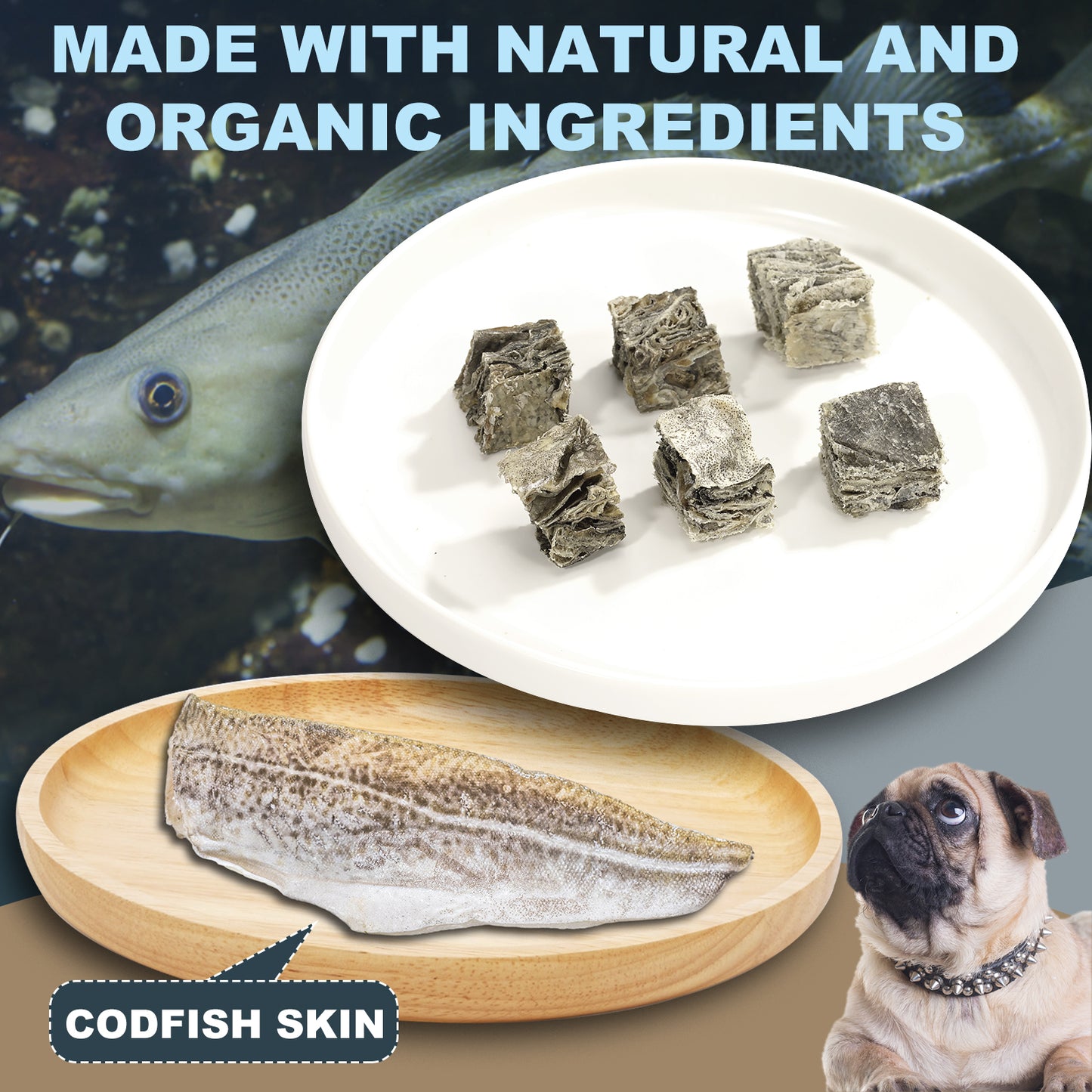 HUWZZE Codfish Skin Cubes for Dogs, Grain Free Dog Treats Chewy Snacks, Rich in Omega-3 and Protein 8.8 oz
