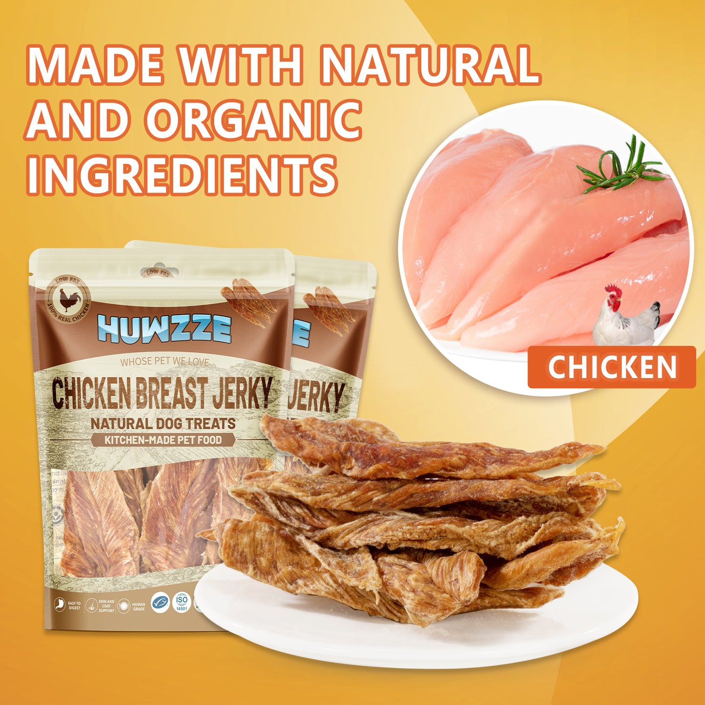 HUWZZE Chicken Jerky for Dogs, Made with 100% Real Chicken Breast, Grain Free Dog Treats 14.1 oz