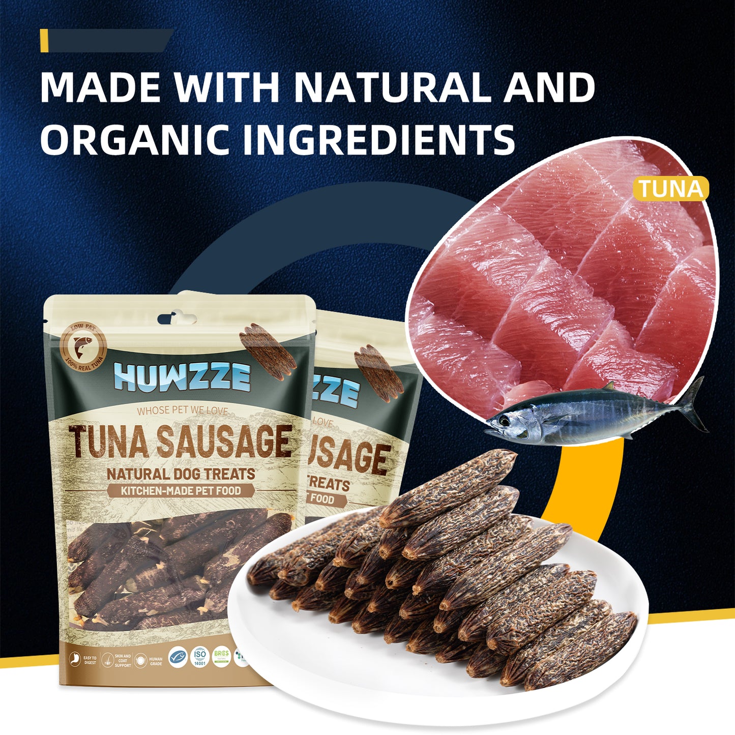 HUWZZE Tuna Sausage for Dogs & Cats, Human Grade Dog Treats Snacks 14.1 oz