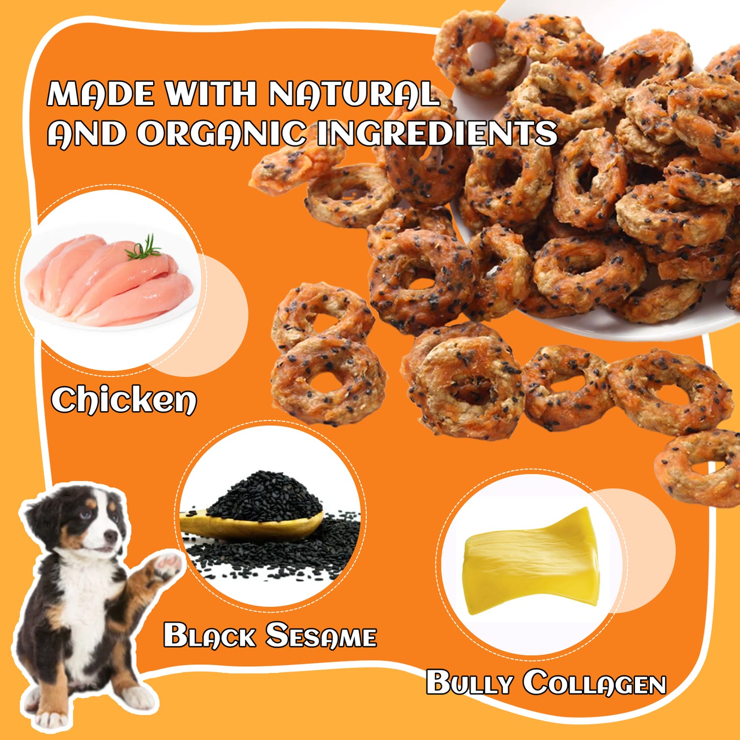 HUWZZE Chicken Sesame Bully Collagen Donuts for Dogs, Rawhide Free Dog Treats Chewy Snacks 11.6 oz
