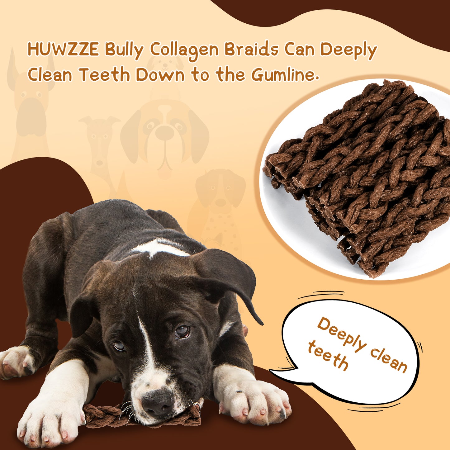 HUWZZE Bully Collagen Braids for Dogs, Rawhide Free Dog Treats Chewy Snacks 10.6 oz