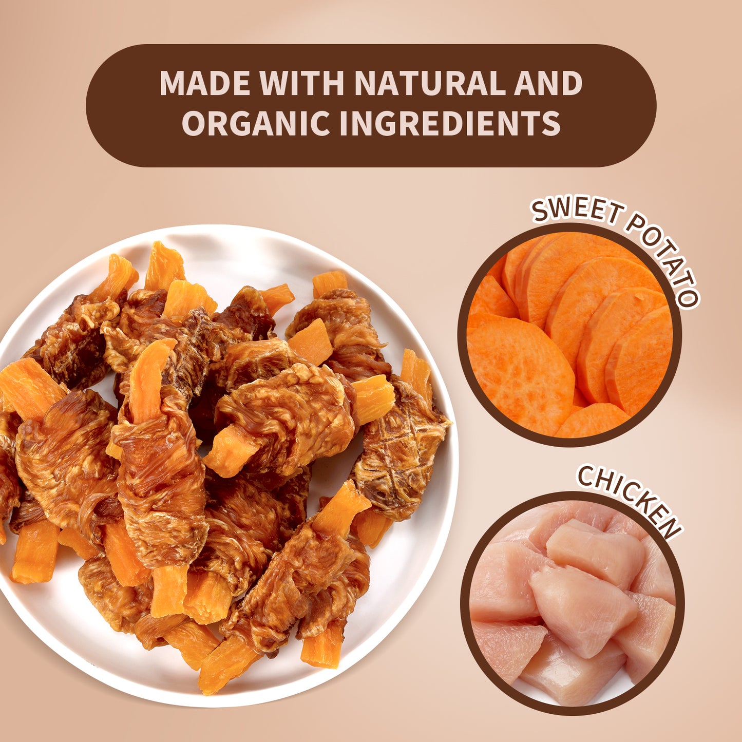 HUWZZE Chicken Wrapped Sweet Potato Strips for Dogs, Grain Free Dog Treats Chewy Snacks 14.1 oz
