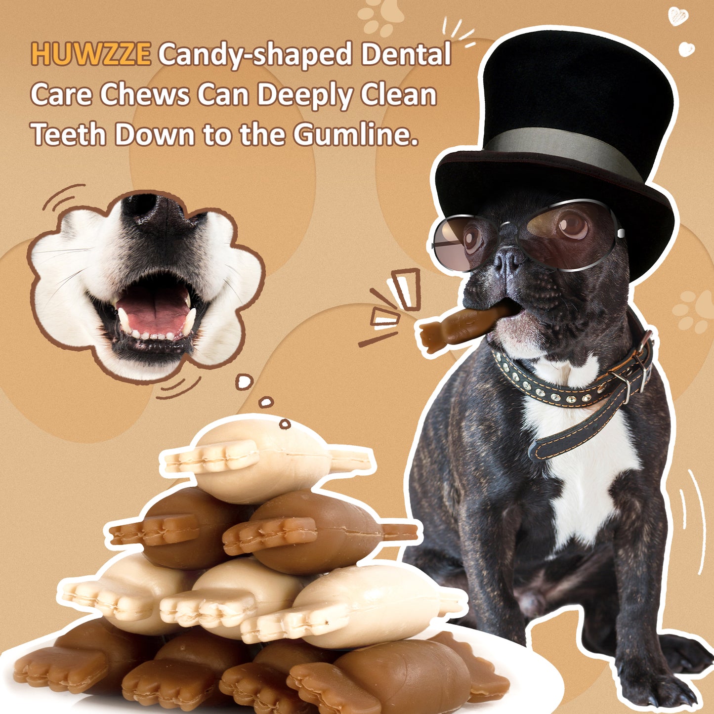 HUWZZE Dental Chews for Dogs, Chicken Flavor Dental Dog Treats Chewy Snacks, Candy-shaped Oral Care and Hygiene Chews 21.2 oz