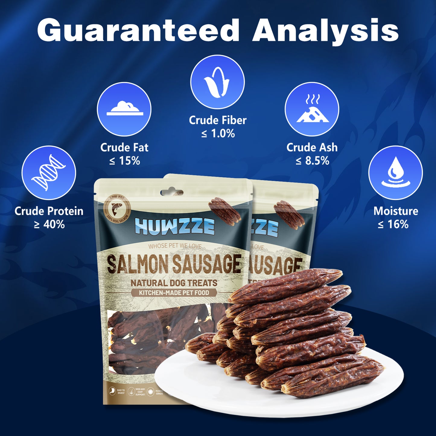 HUWZZE Salmon Sausage for Dogs & Cats, Human Grade Dog Treats Snacks 14.1 oz