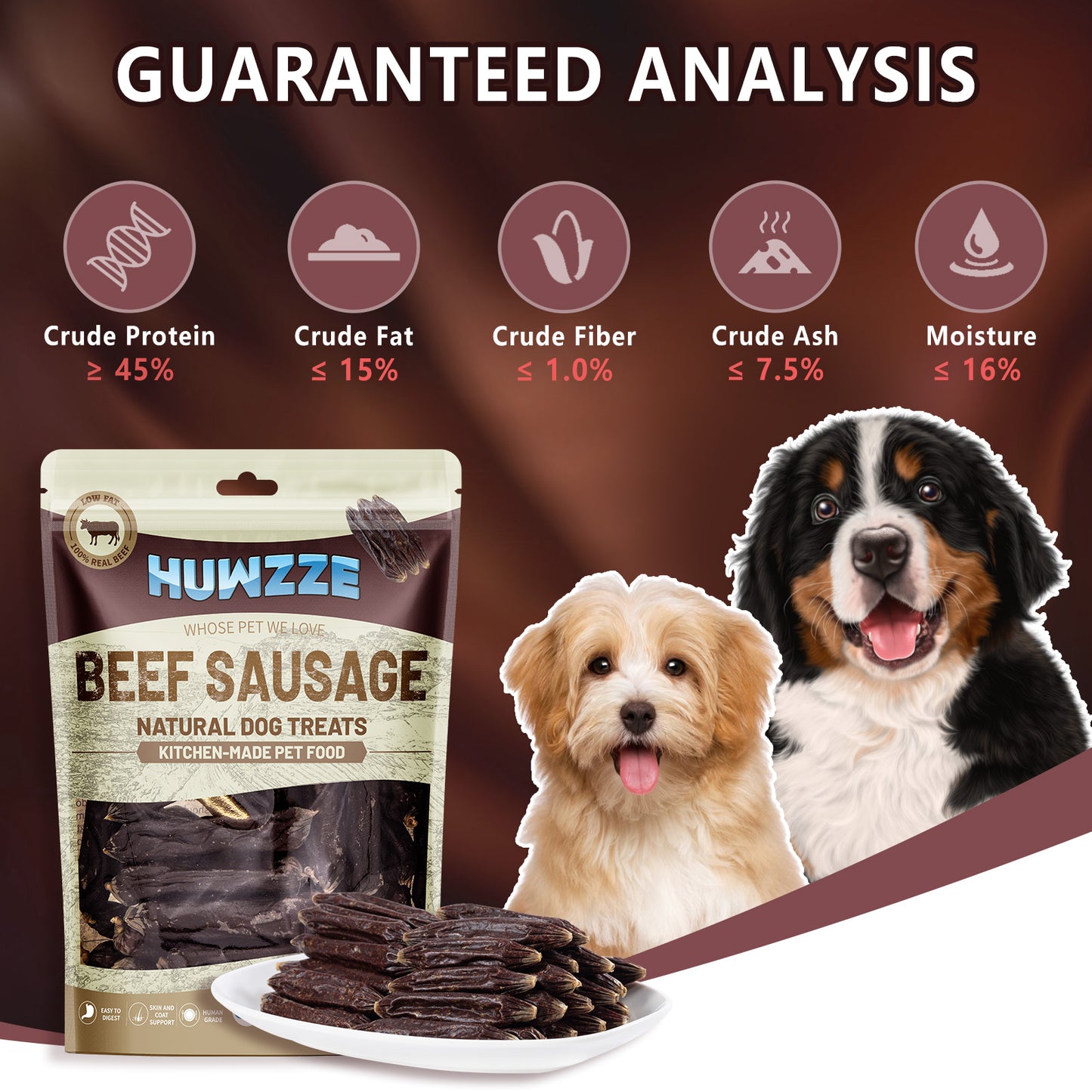 HUWZZE Beef Sausage for Dogs & Cats, Human Grade Dog Treats Snacks 14.1 oz