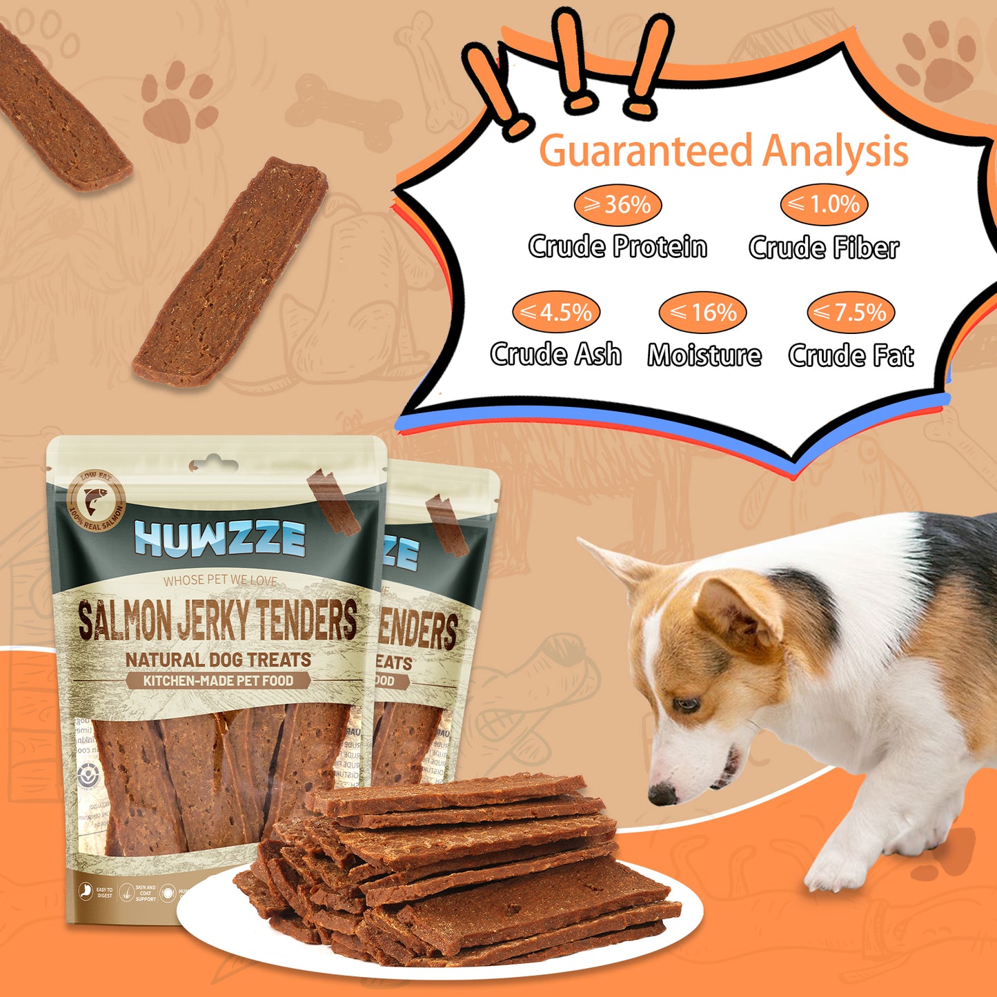 HUWZZE Salmon Jerky Tenders for Dogs & Cats, Natural Dog Treats Snacks Made with Real Salmon 14.1 oz