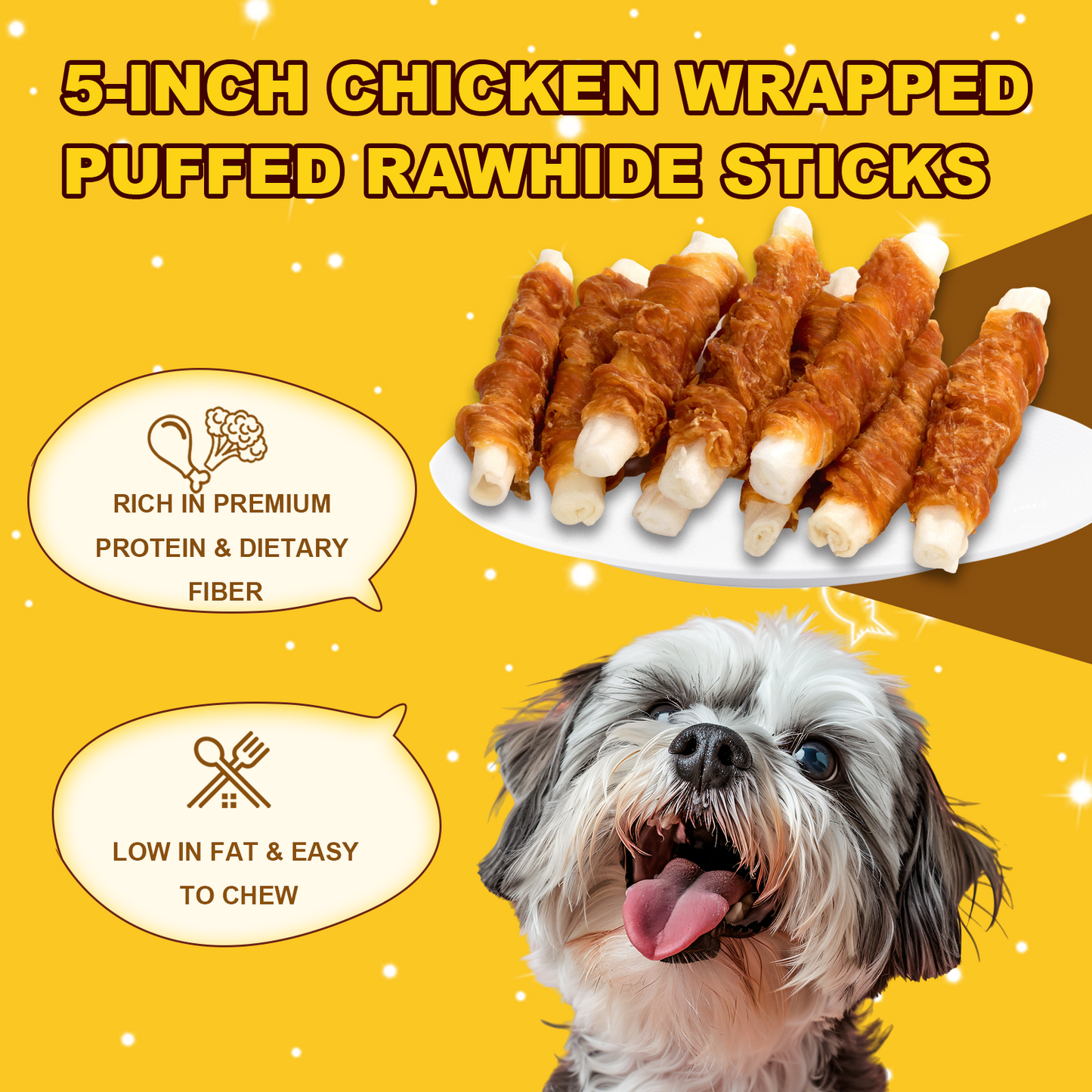 HUWZZE Chicken Wrapped Puffed Rawhide Sticks, Grain Free Dog Treats Chewy Snacks 11.1 oz