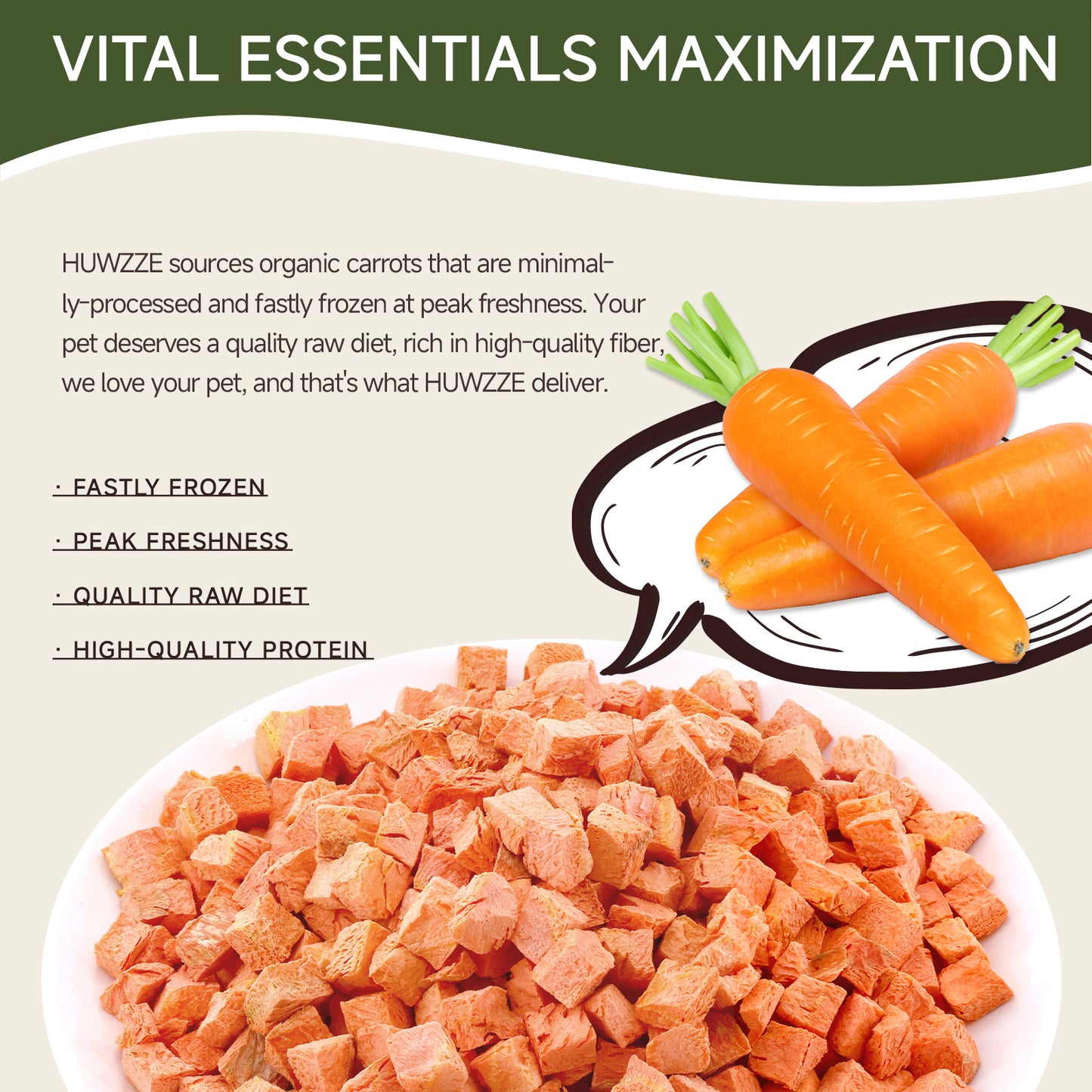 HUWZZE Freeze Dried Organic Carrot Treats for Cats & Dogs, Single Ingredient All Natural Dog Treats Snacks-Diabetic Friendly Pet Food Perfect for Training 2.5 oz