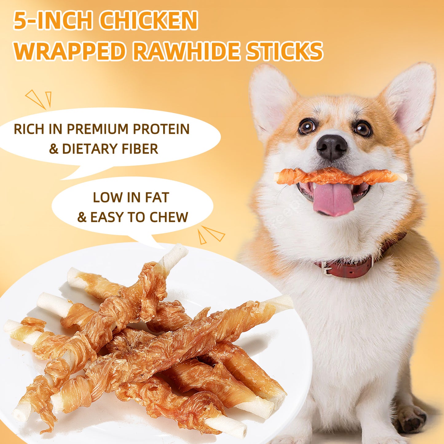 HUWZZE Chicken Wrapped Rawhide Sticks, Grain Free Dog Treats Chewy Snacks 14.1 oz