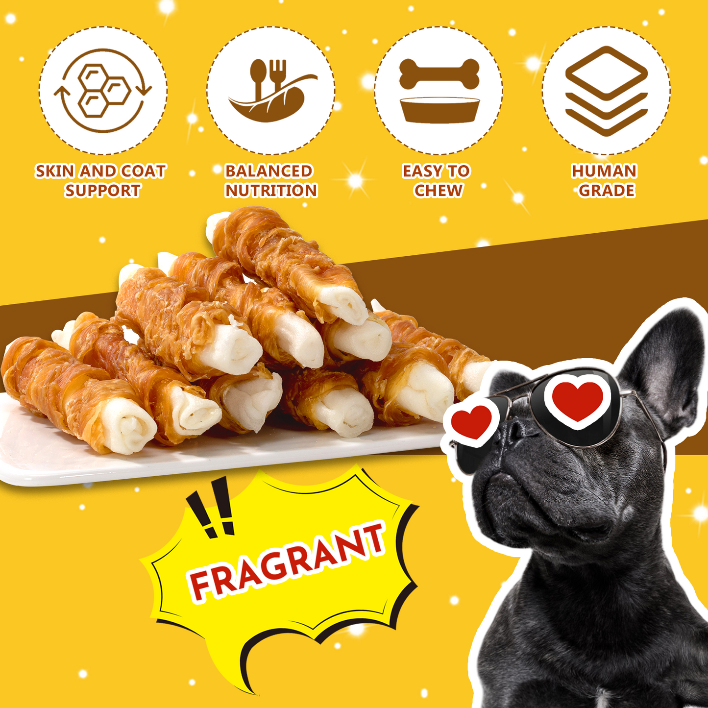 HUWZZE Chicken Wrapped Puffed Rawhide Sticks, Grain Free Dog Treats Chewy Snacks 11.1 oz