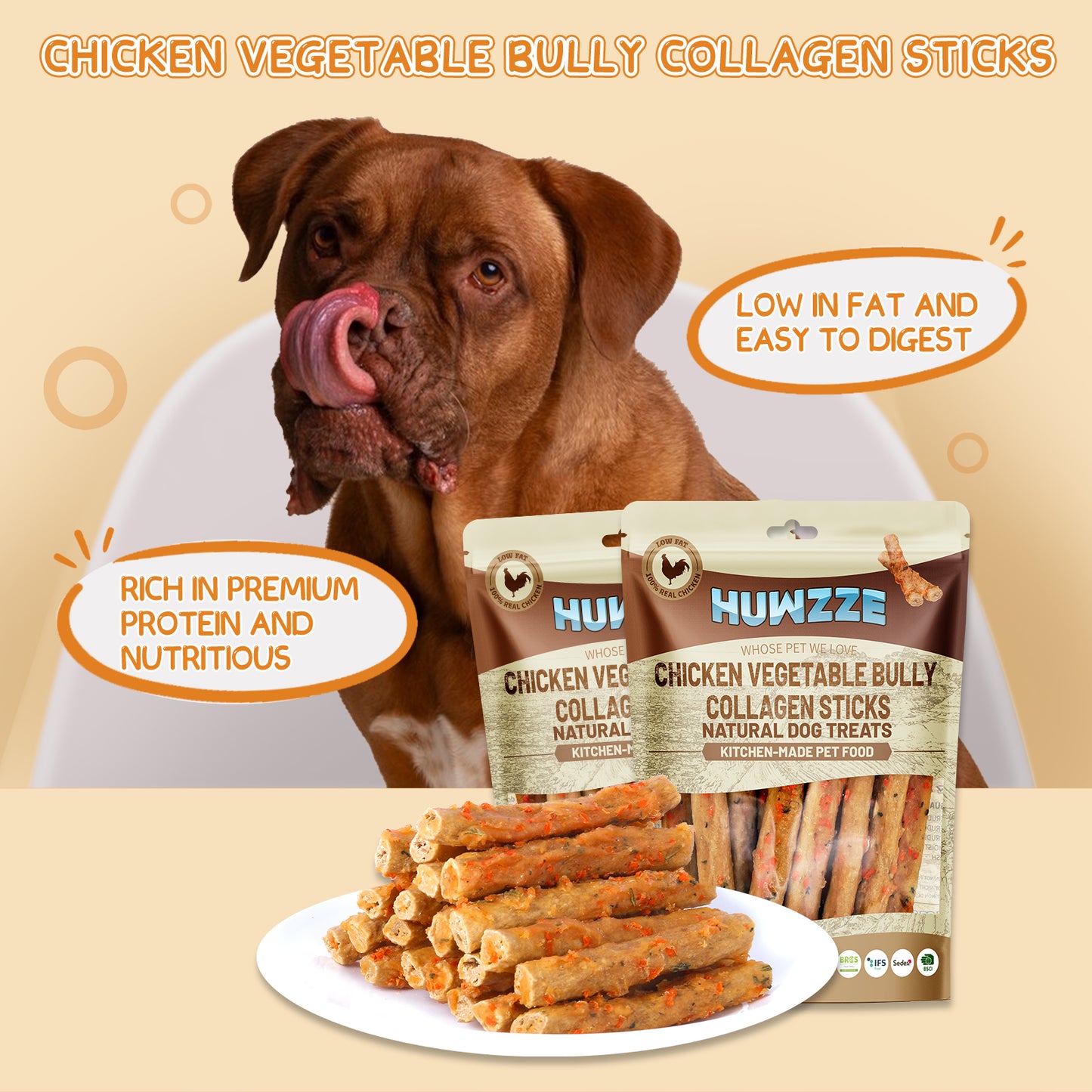HUWZZE Chicken Vegetable Bully Collagen Sticks for Dogs, Rawhide Free Dog Treats Chewy Snacks 12.3 oz
