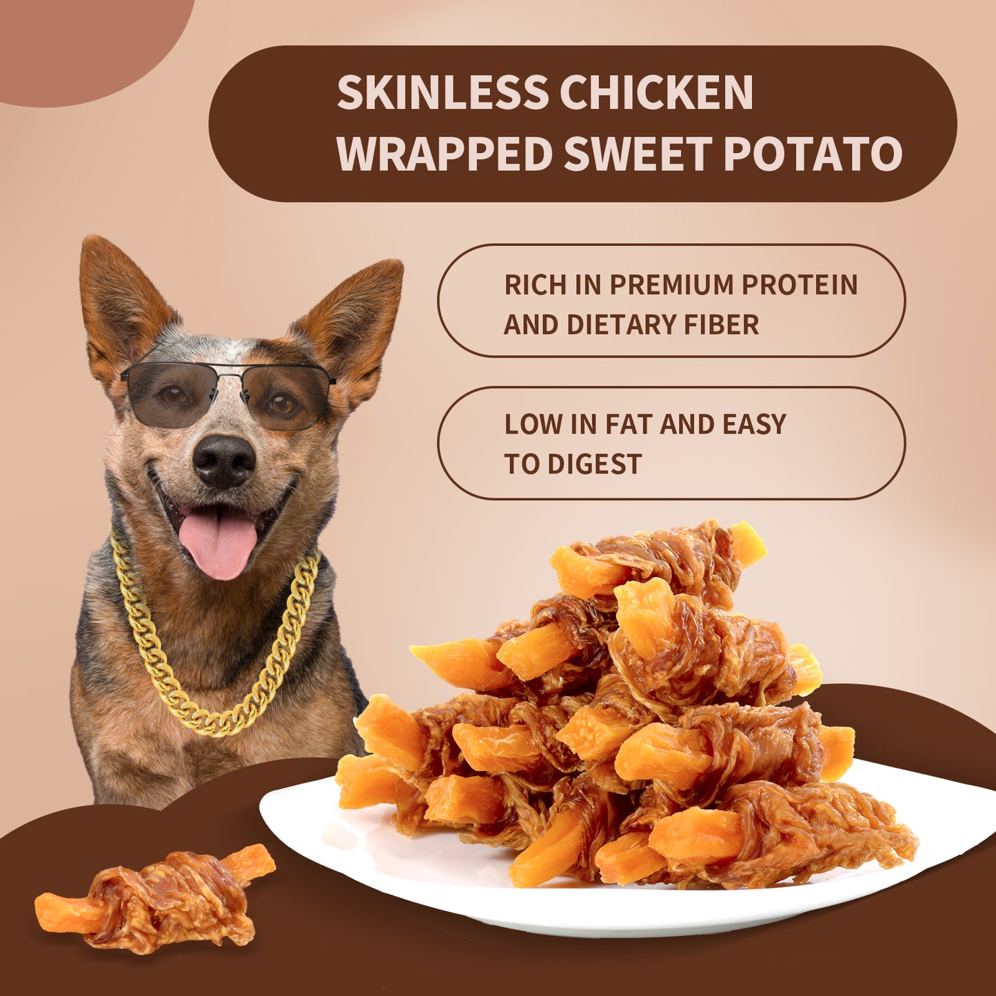 HUWZZE Chicken Wrapped Sweet Potato Strips for Dogs, Grain Free Dog Treats Chewy Snacks 14.1 oz
