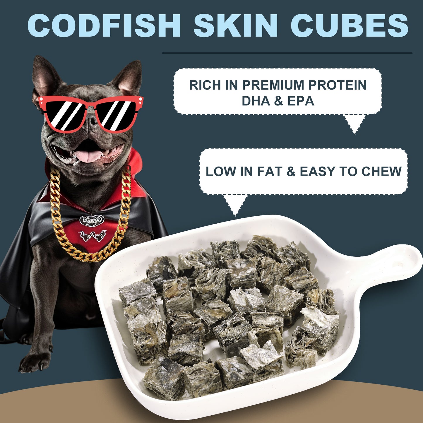 HUWZZE Codfish Skin Cubes for Dogs, Grain Free Dog Treats Chewy Snacks, Rich in Omega-3 and Protein 8.8 oz