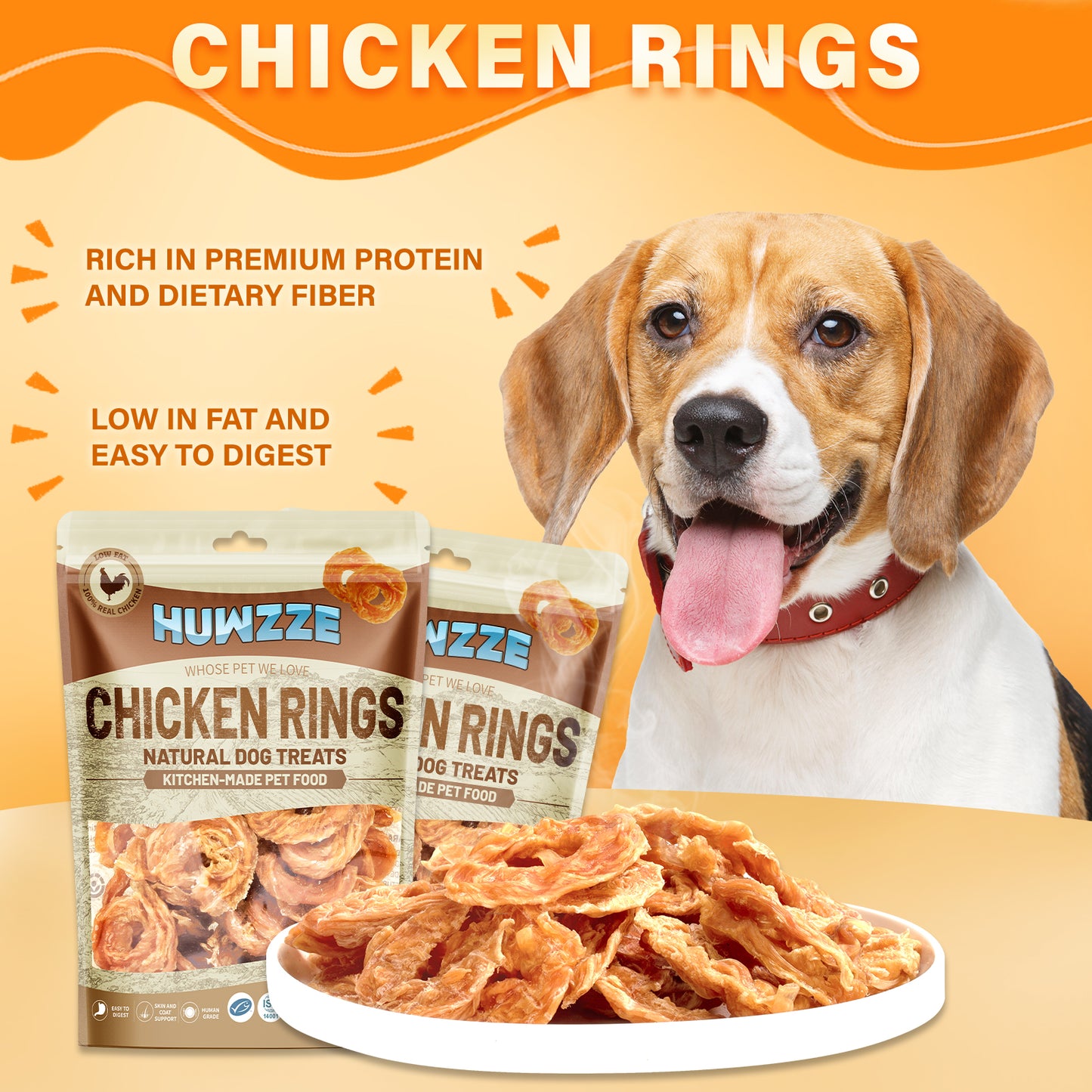 HUWZZE Chicken Rings for Dogs & Cats, High Protein Dog Treats Chewy Snacks, Grain Free Chicken Jerky 14.1 oz