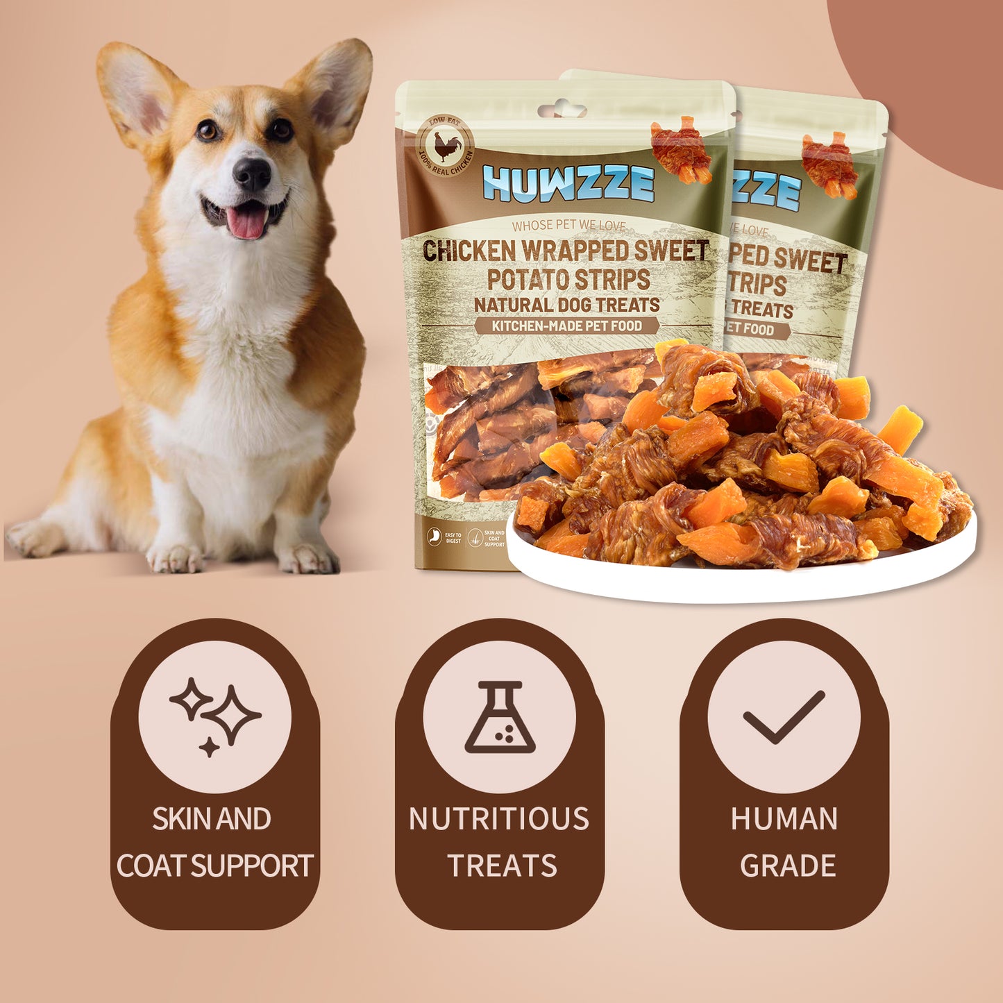 HUWZZE Chicken Wrapped Sweet Potato Strips for Dogs, Grain Free Dog Treats Chewy Snacks 14.1 oz