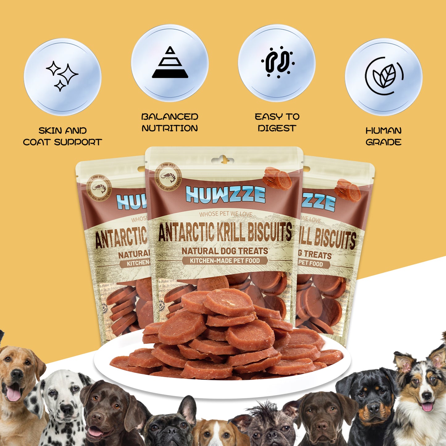 HUWZZE Antarctic Krill Biscuits for Dogs & Cats, Dog Training Treats, Chewy Snacks for Training Rewards 14.1 oz