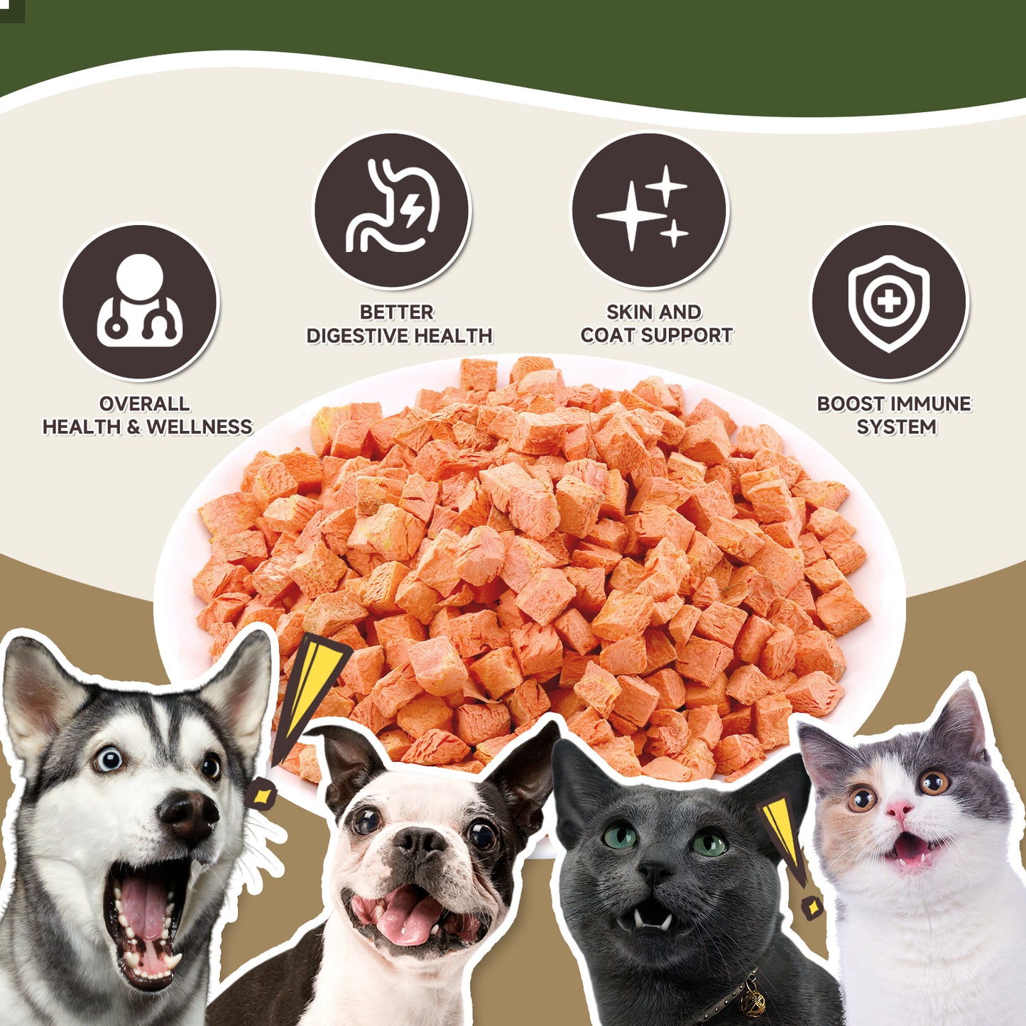 HUWZZE Freeze Dried Organic Carrot Treats for Cats & Dogs, Single Ingredient All Natural Dog Treats Snacks-Diabetic Friendly Pet Food Perfect for Training 2.5 oz
